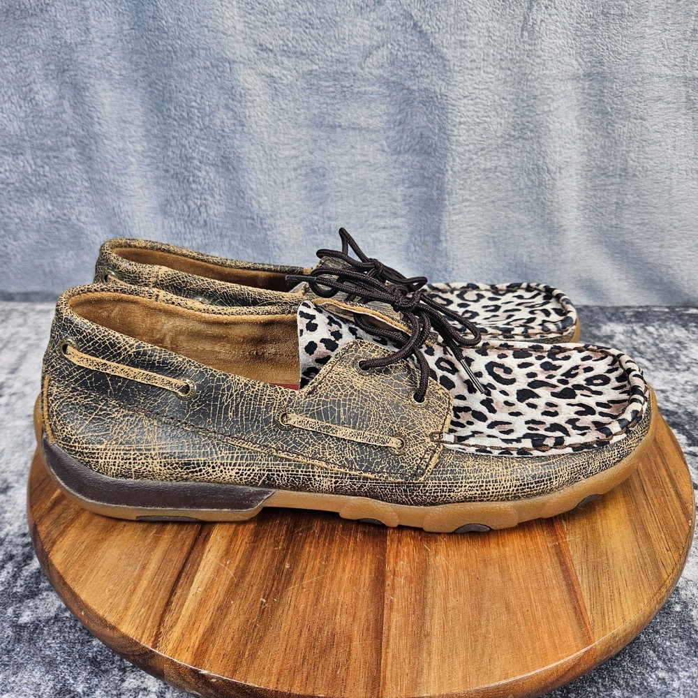Twisted X Distressed Women's Leopard Cheetah Print Boat Driving Mocs Size 10 M